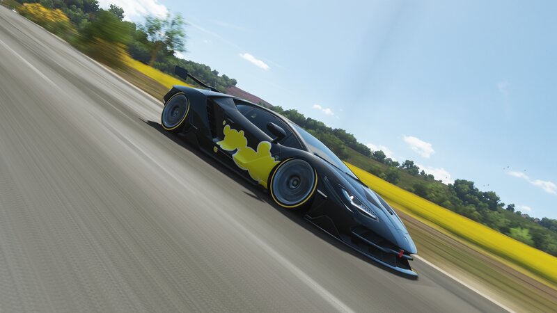 Black Sports Car on Road — Dynamic, Afternoon, 3d Render, Yellow Flowers