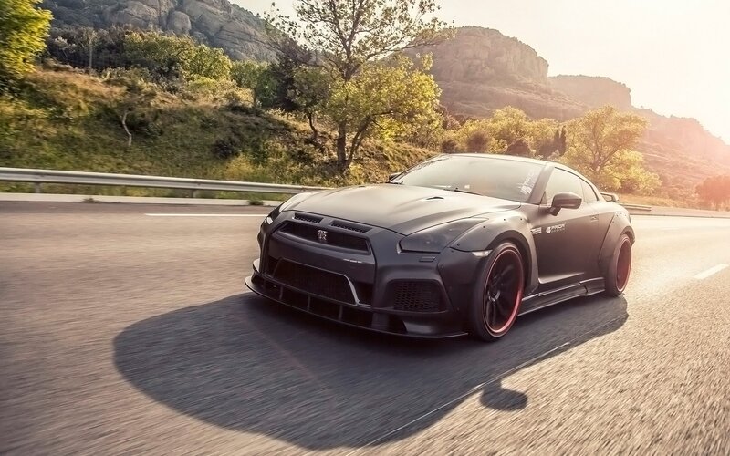 Black Sports Car on Road — Gray, Dynamic, Sunset