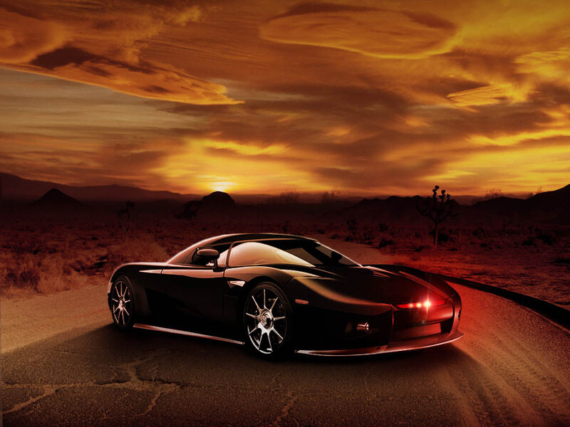 Black Sports Car on Road — Orange, Dramatic, Sunset