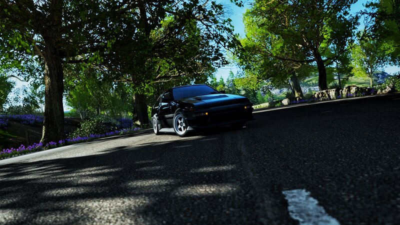 Black Sports Car on Road — Serene, Afternoon, 3d Render, Trees, Flowers