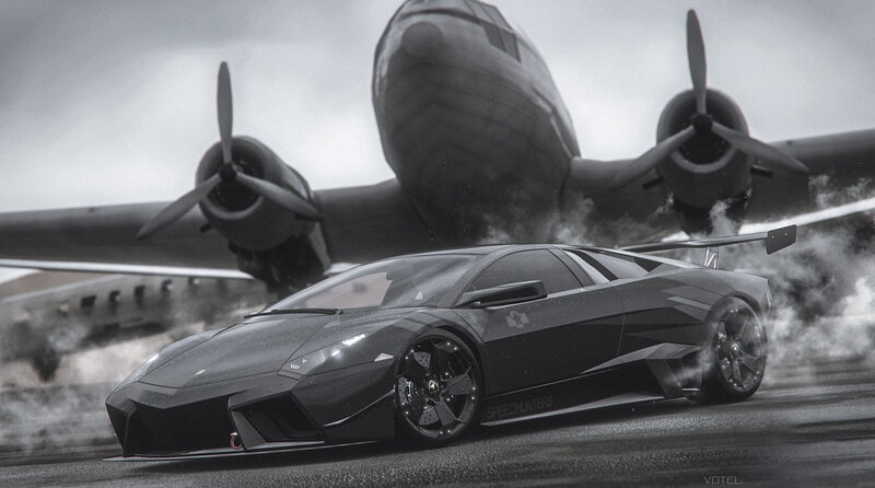 Black Sports Car on Runway — Gray, Dramatic
