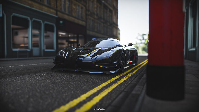 Black Sports Car on Street — Dramatic, Afternoon, 3d Render, Buildings