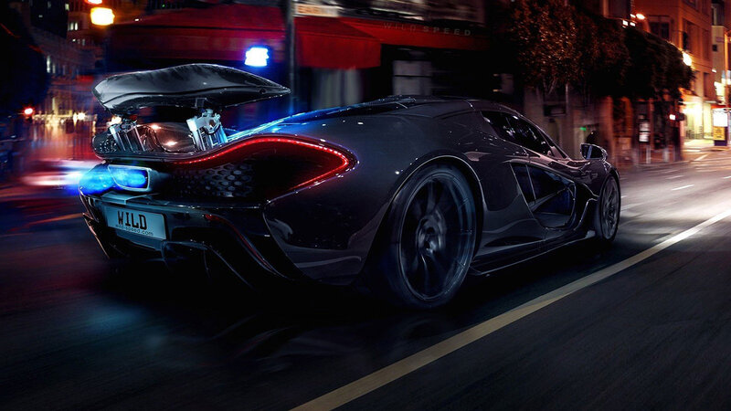Black Sports Car on Street — Dramatic, Night, Photograph