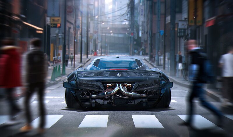 Black Sports Car on Street — Gray, Dramatic