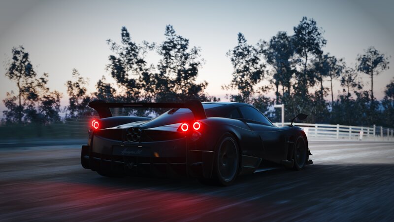 Black Sports Car on Track — Dramatic, Sunset, 3d Render, Trees