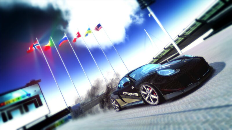 Black Sports Car on Track — Dynamic, Afternoon, 3d Render, Flags