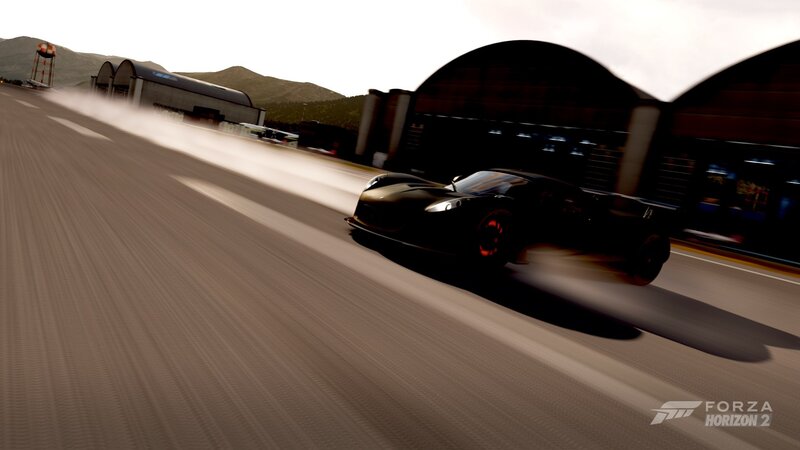 Black Sports Car on Track — Dynamic, Afternoon, 3d Render, Race Track, Hangars