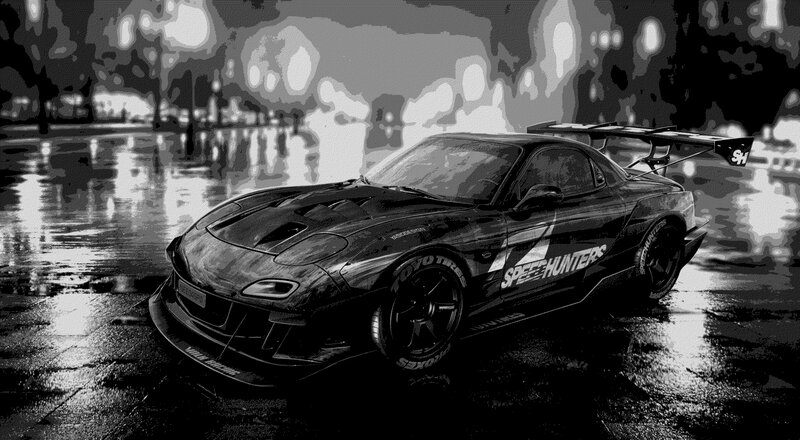 Black Sports Car on Wet Road — Dramatic