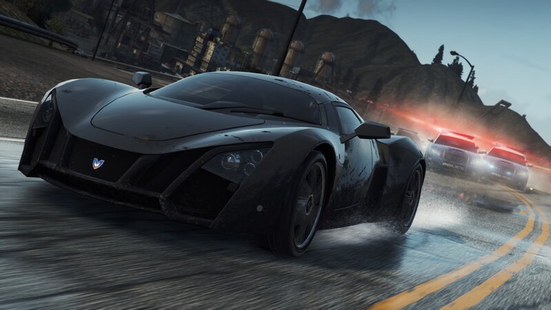 Black sports car racing from behind