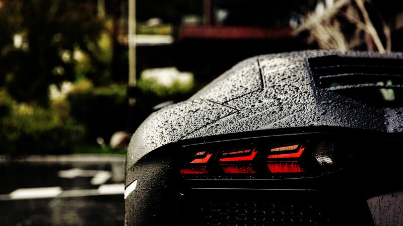 Black Sports Car Rear — Dramatic, Photograph, Raindrops, Taillights