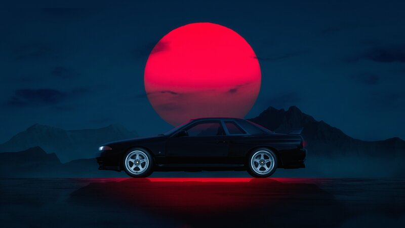 Black Sports Car — Red, Dramatic, Night, Digital Art