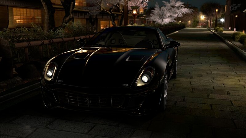 Black Sports Car — Serene, Night, 3d Render, Cherry Blossoms, Streetlights