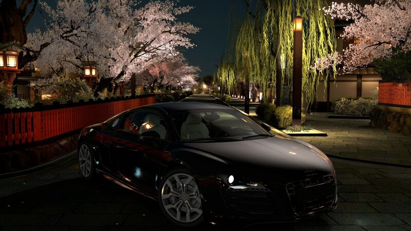 Black Sports Car — Serene, Night, 3d Render, Cherry Blossoms, Willow Tree, Lanterns