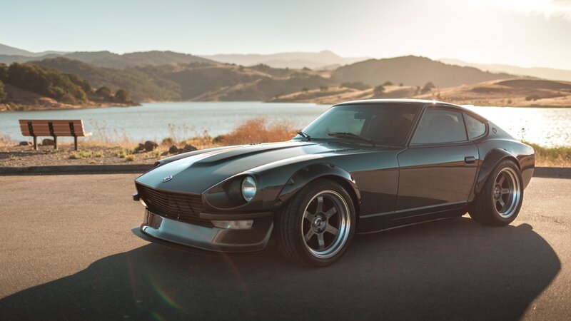 Black Sports Car — Serene, Sunset, Photograph, Lake