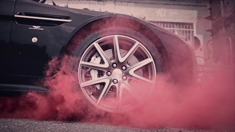 Black Sports Car Wheel — Dramatic, Photograph, Smoke
