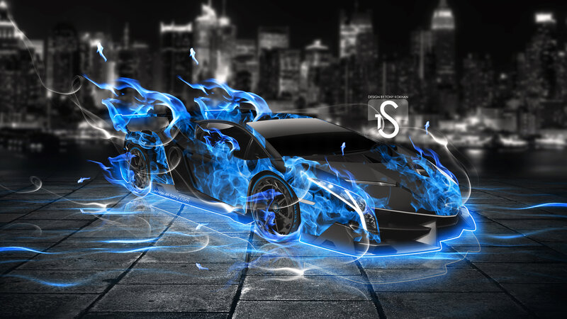 Black Sports Car with Blue Flames