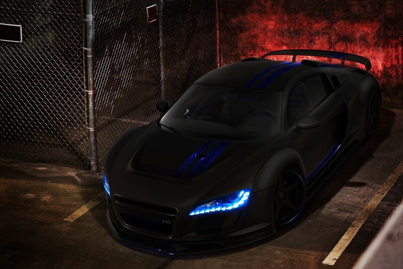 black sports car with blue lights