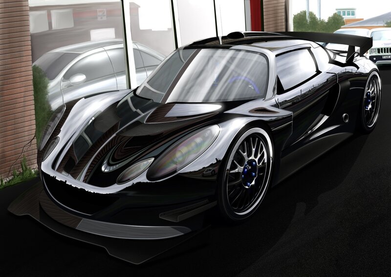Black sports car with carbon fiber details