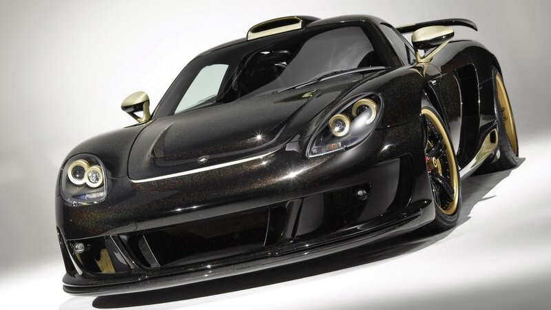 black sports car with gold accents