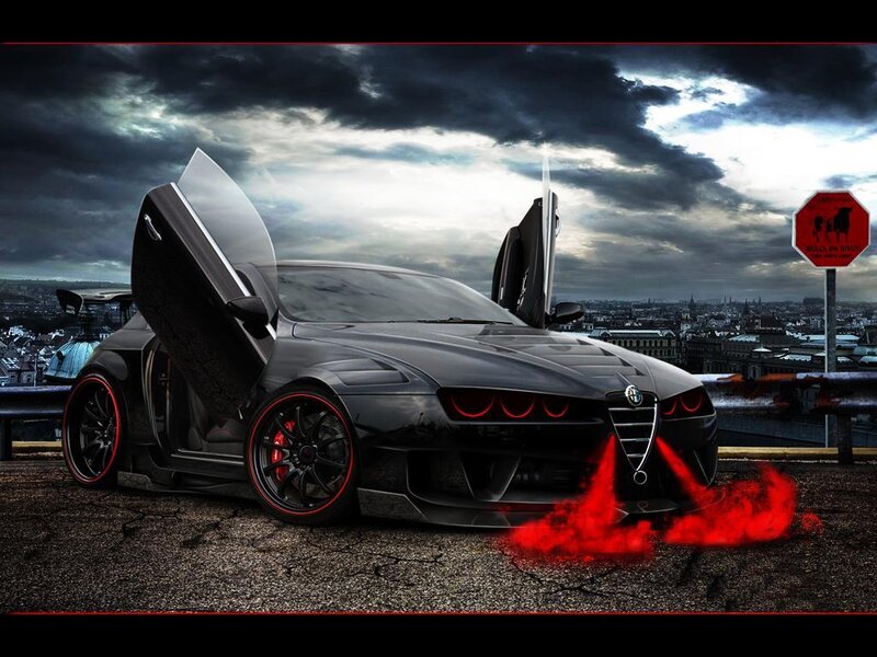 Black sports car with red flames