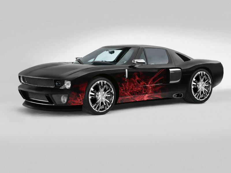 black sports car with red graphics