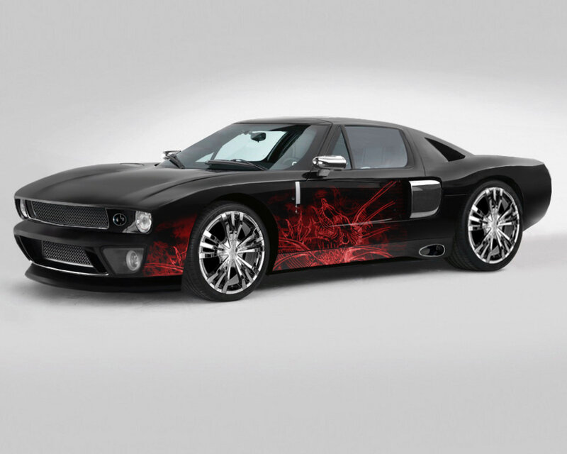 black sports car with red graphics