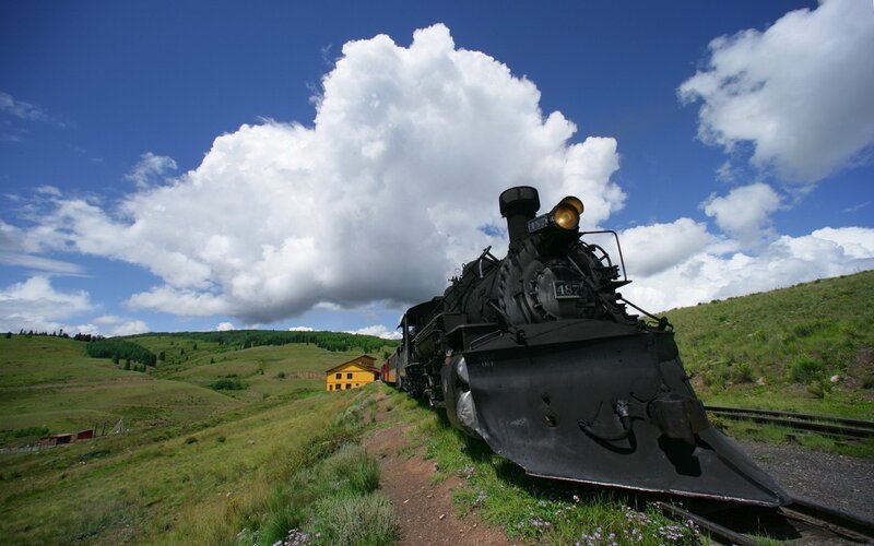 Black Steam Locomotive — Blue, Dramatic, Afternoon, Photograph, Train, Hillside