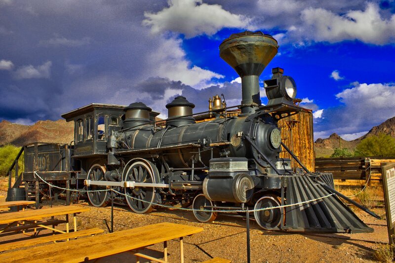 Black Steam Locomotive — Blue, Dramatic, Afternoon