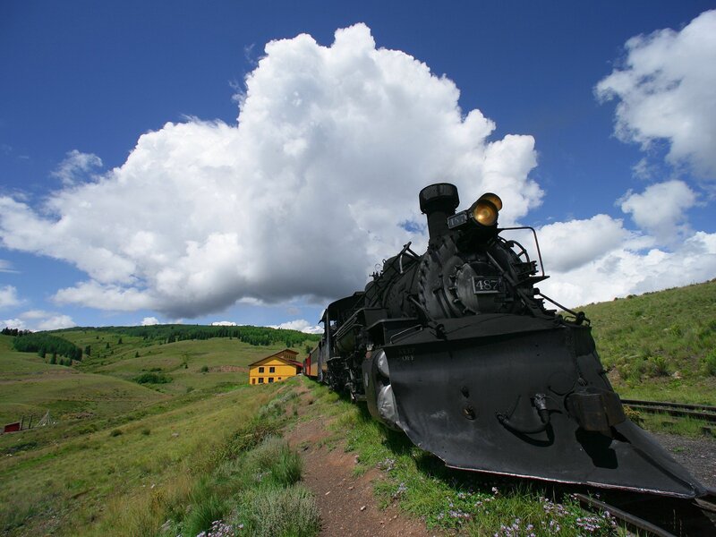 Black Steam Locomotive — Blue, Serene, Afternoon, Photograph, Train