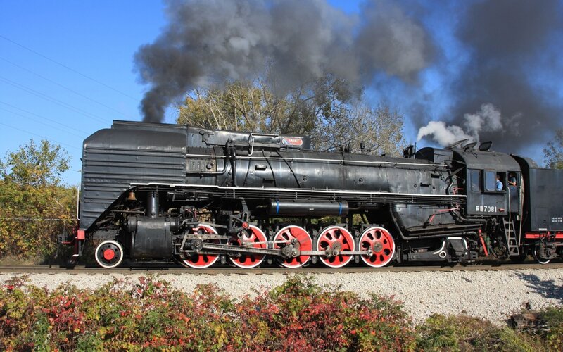 Black Steam Locomotive — Dramatic, Autumn, Photograph, Smoke