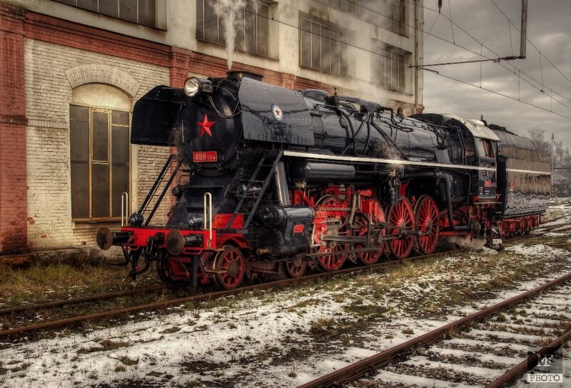 Black Steam Locomotive — Dramatic, Winter, Photograph, Train Tracks