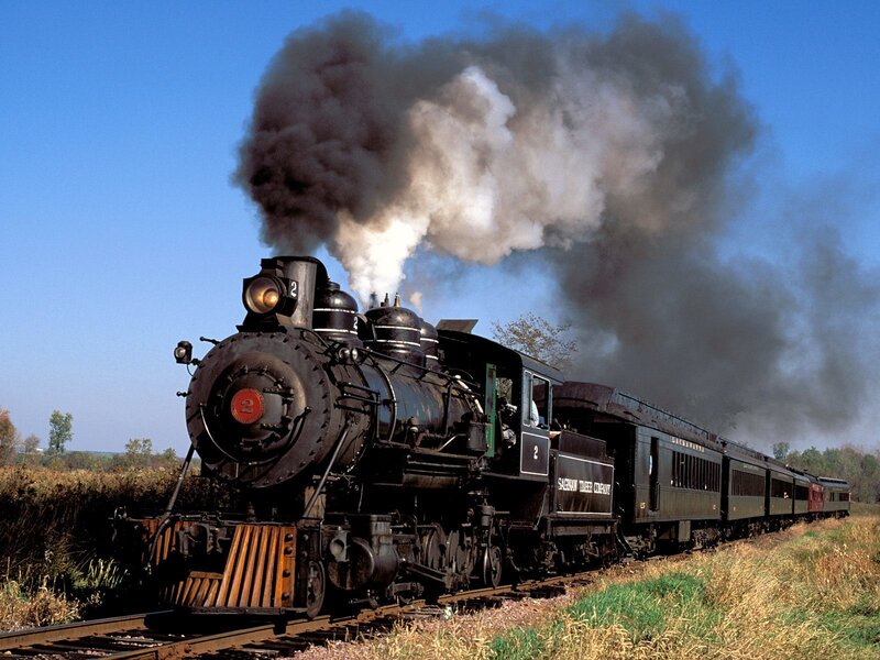 Black Steam Train — Dramatic, Afternoon, Photograph, Smoke, Train Tracks, Passenger Cars