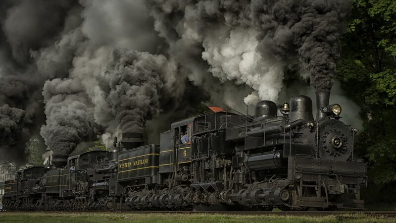Black Steam Train — Dramatic, Afternoon, Photograph, Smoke, Trees