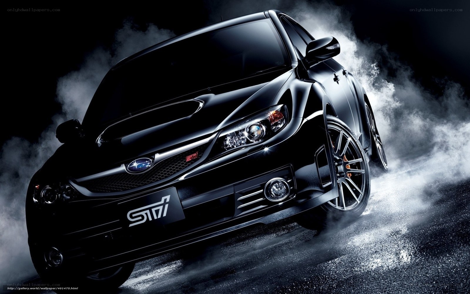 Black Subaru STI in smoke