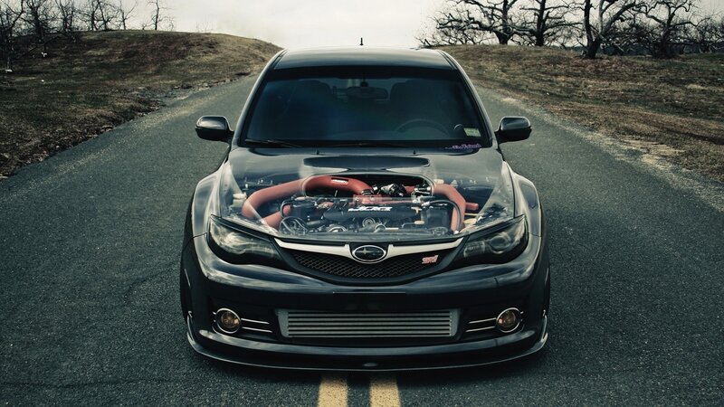 Black Subaru with Open Hood — Dramatic