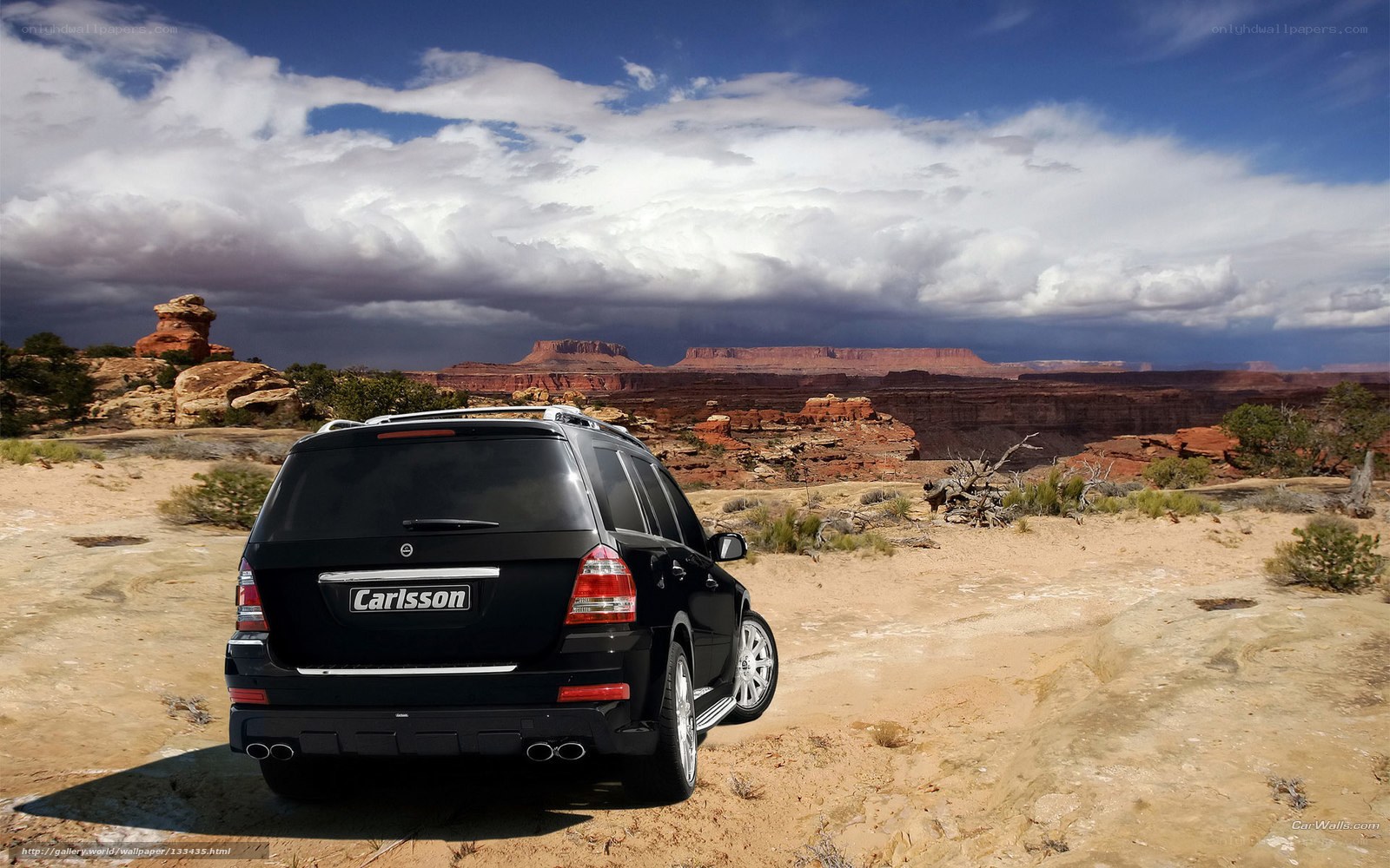 Black SUV in desert landscape