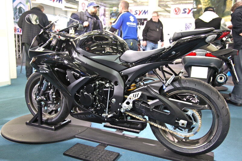 Black Suzuki GSX motorcycle on display