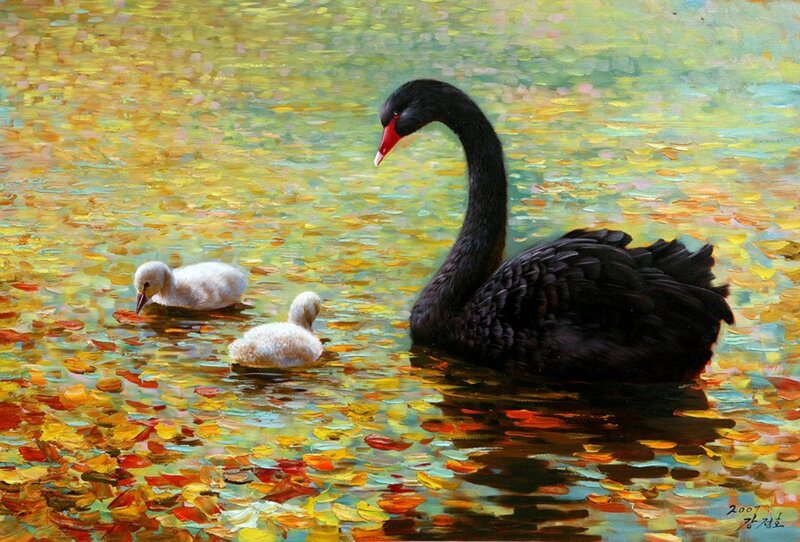 Black Swan with Cygnets — Yellow