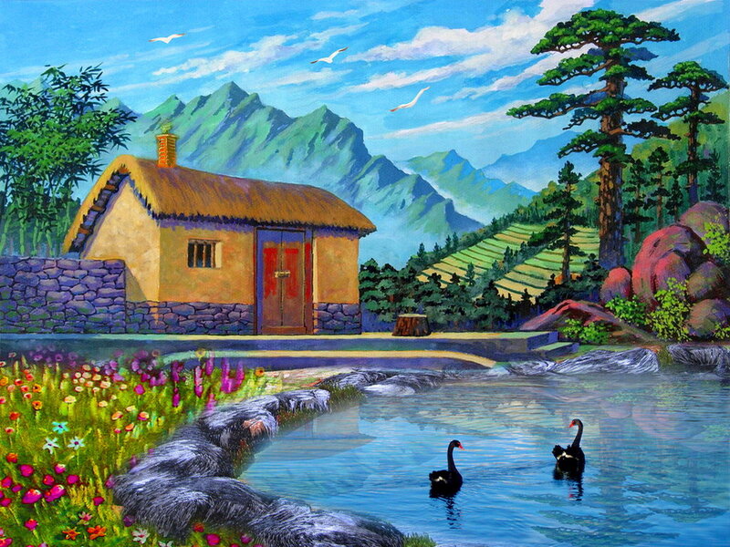 Black Swans in Pond — Blue, Serene, Afternoon