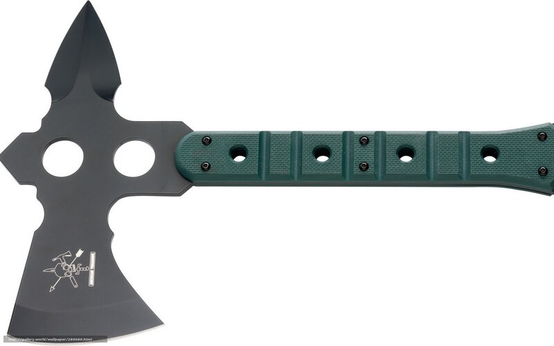 black tactical axe with green handle