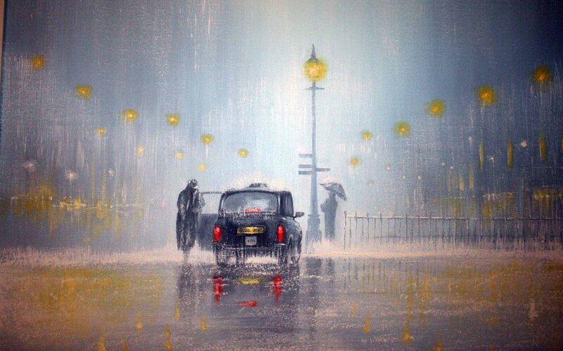 Black Taxi in Rain — Blue