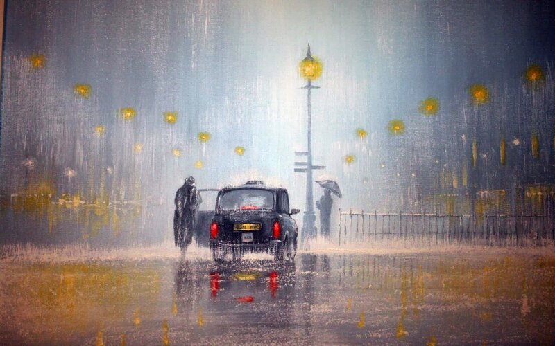 Black Taxi in Rain — Gray, Rainy