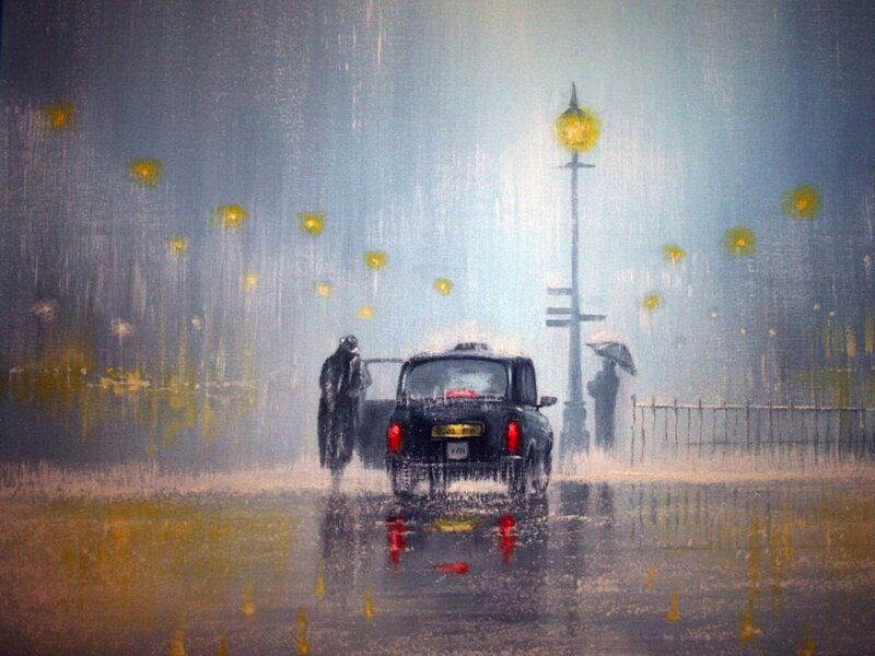 Black Taxi in Rain — Gray
