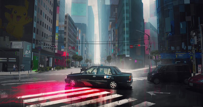 Black Taxi on Wet Street