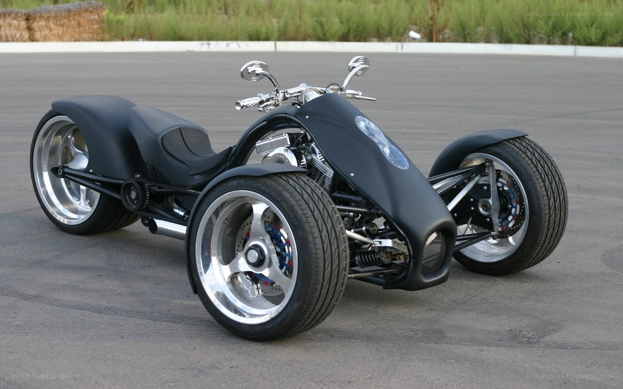 black three-wheeled custom motorcycle