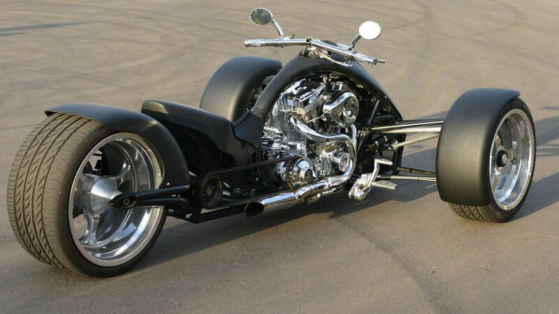 Black Three-wheeled Motorcycle — Neutral, Afternoon, Photograph, Engine, Wheels
