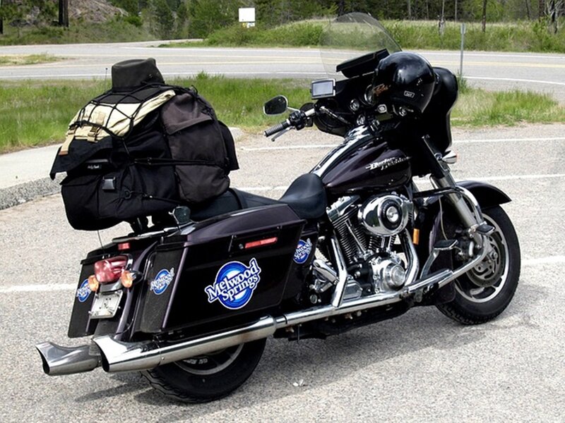 Black Touring Motorcycle — Calm, Afternoon, Photograph, Backpack