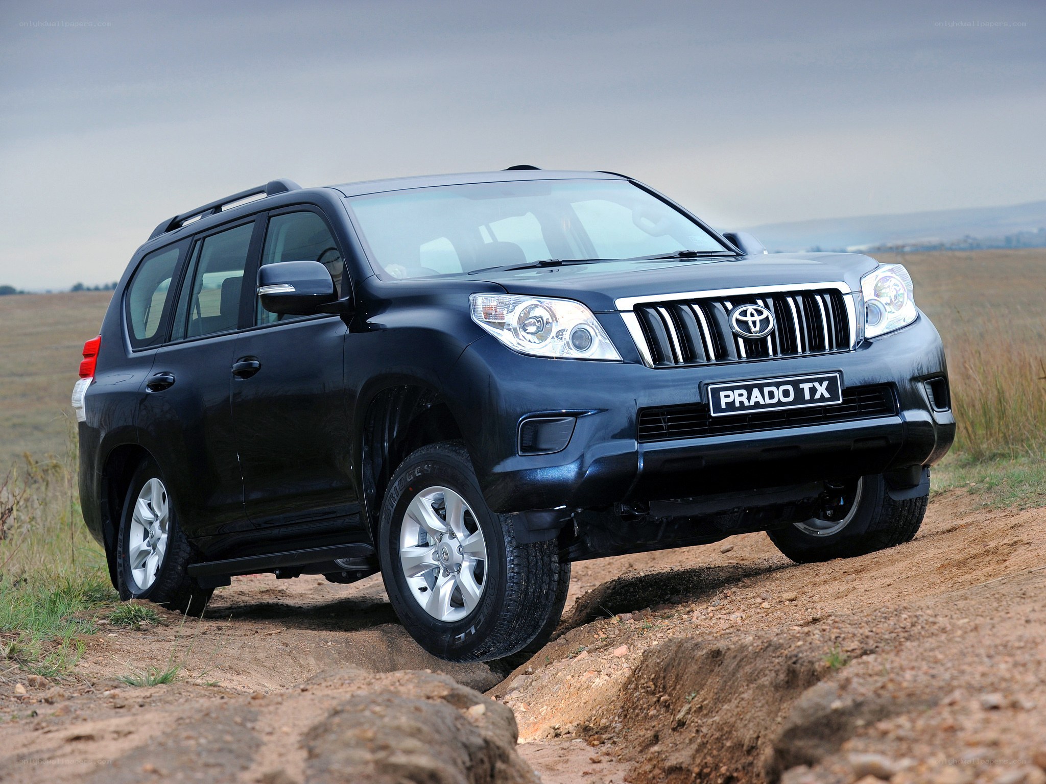 Black Toyota Prado on dirt path