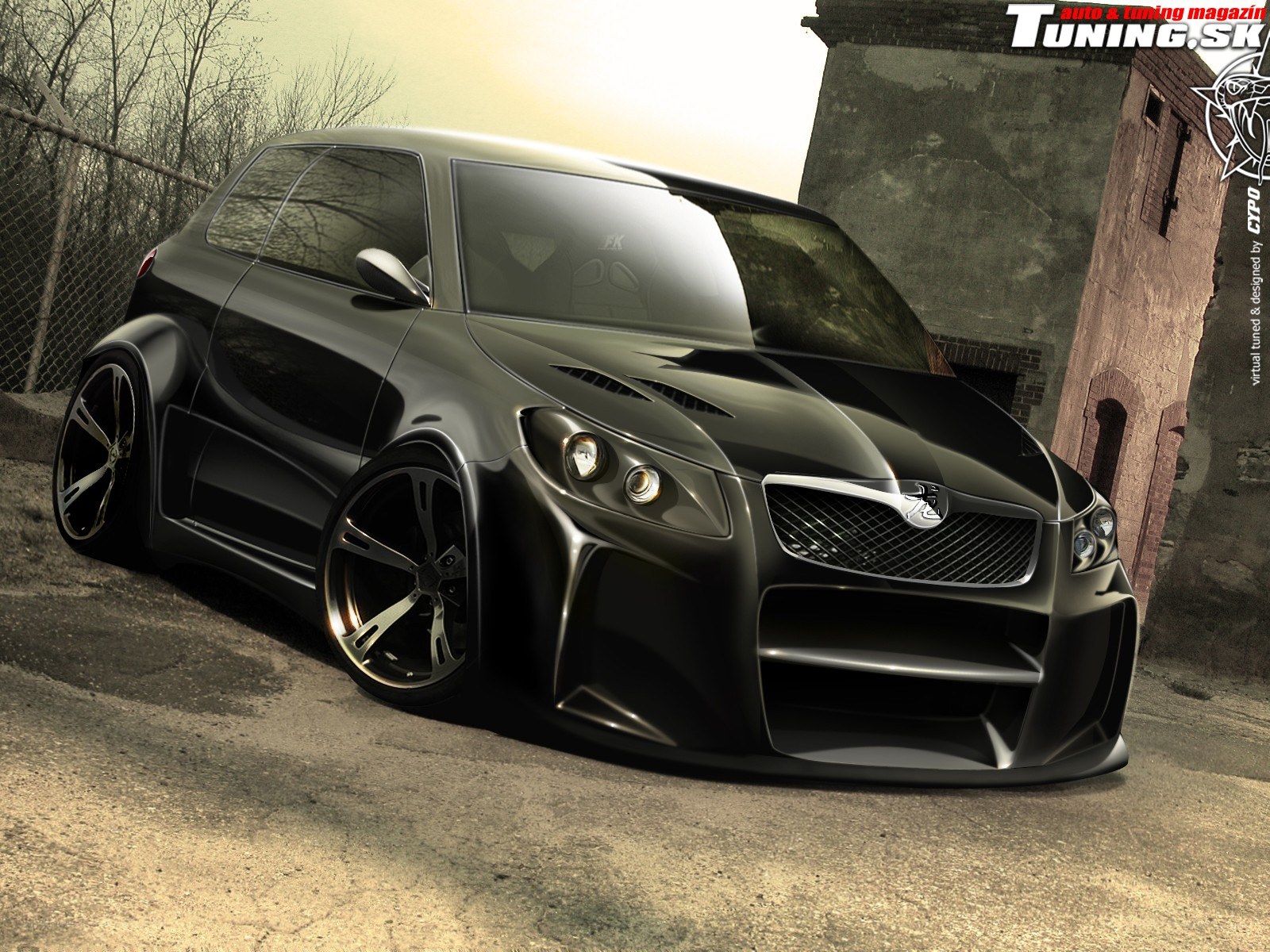 black tuned car in urban setting