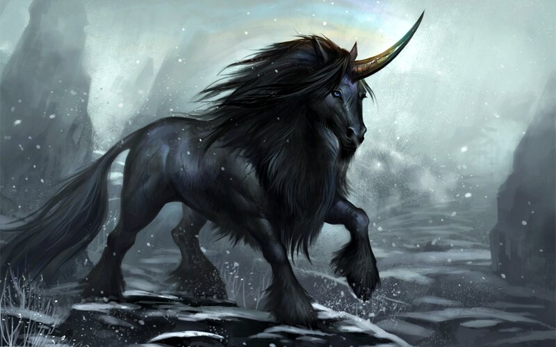 Black Unicorn in Snow — Dramatic
